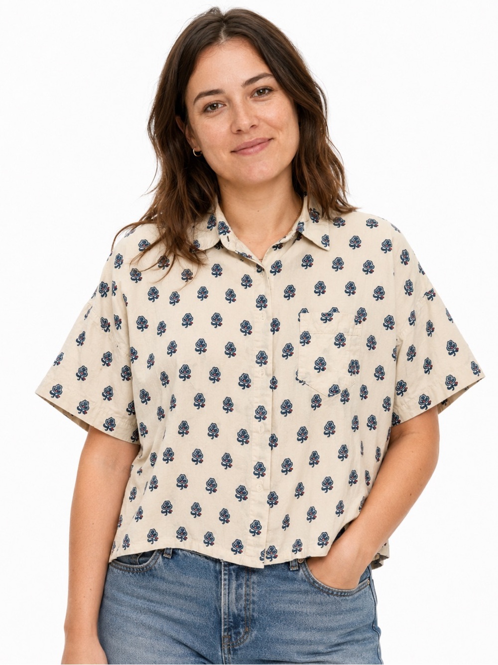 Madewell Floral Block Print Cotton Shirt XS Fall 2015 Boxy High Low